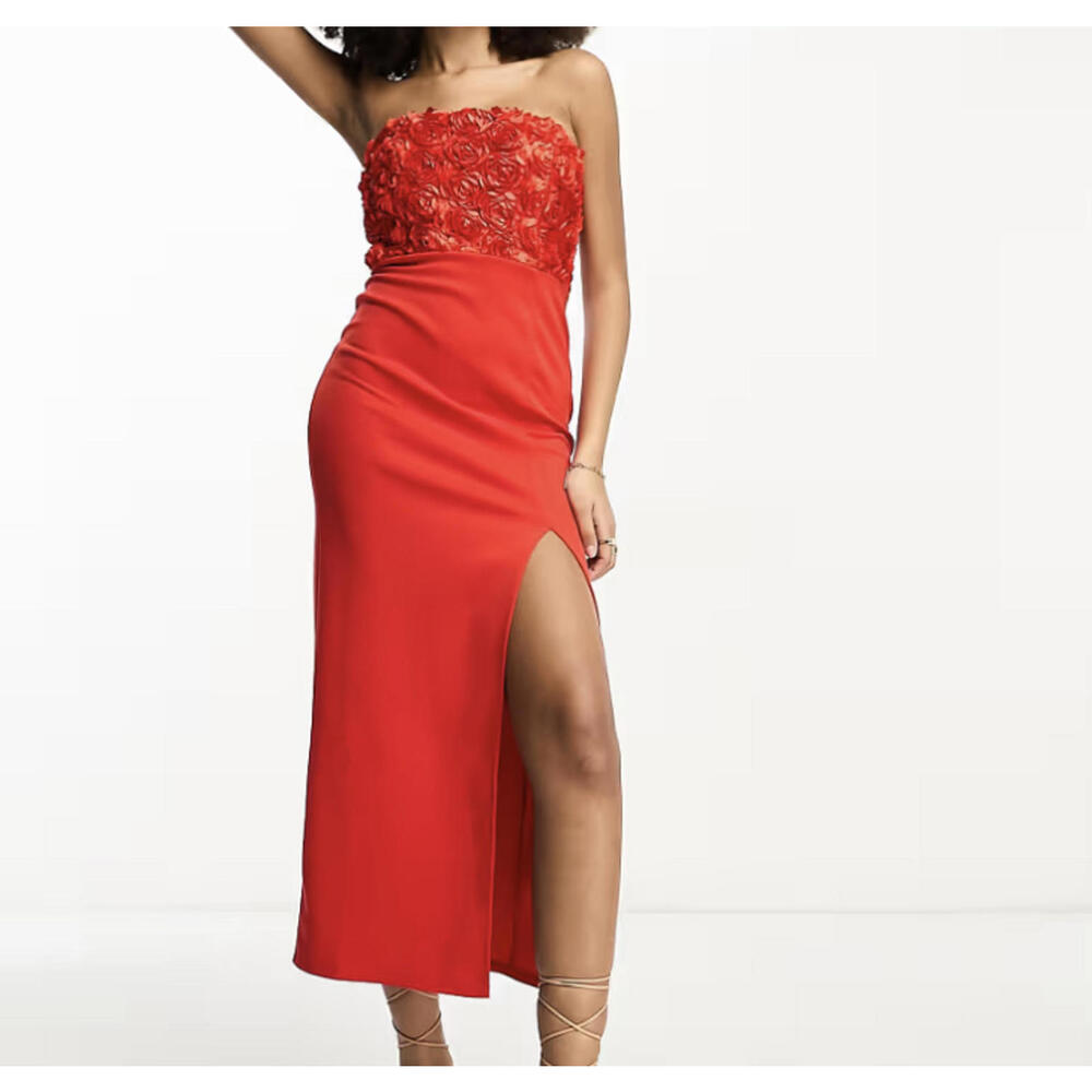 ASOS red 3D floral strapless midi dress sz 12